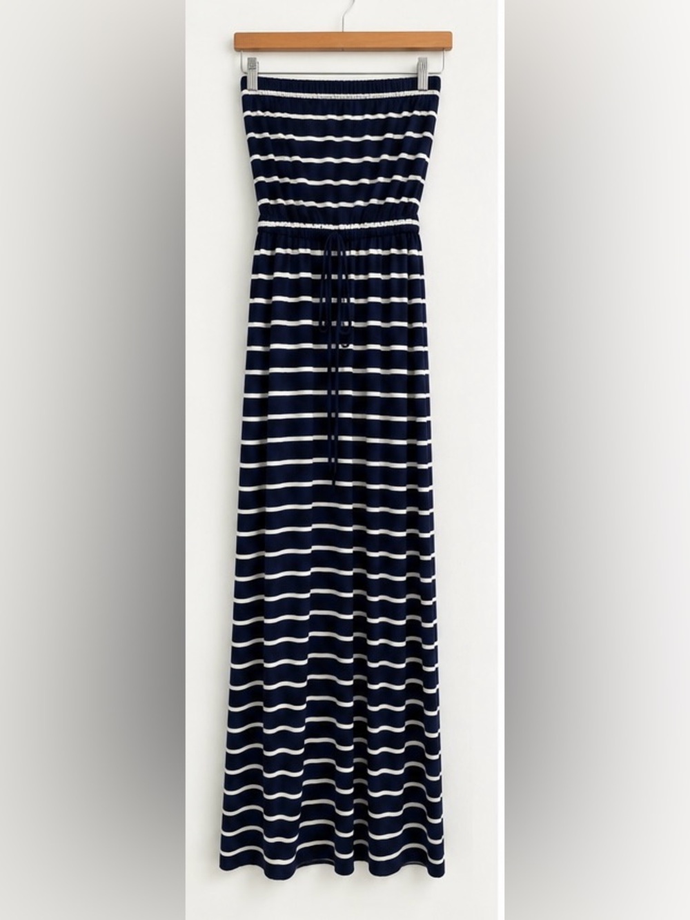 J.Crew Strapless Navy White Striped Maxi Dress S Drawstring Pockets Y2K
